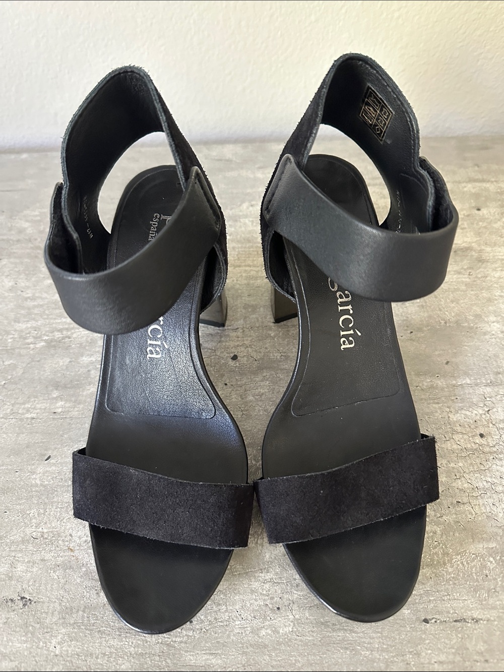 Pedro Garcia Black Suede & Leather Strap Metallic Heel Sandals Size 38